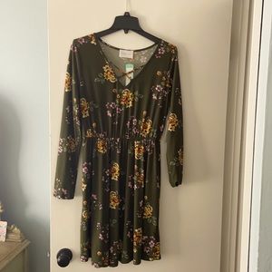 Olive colored floral knit dress